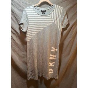 DKNY Dress Women Small Gray Striped Logo‎ Short Sleeve Pullover Ladies.